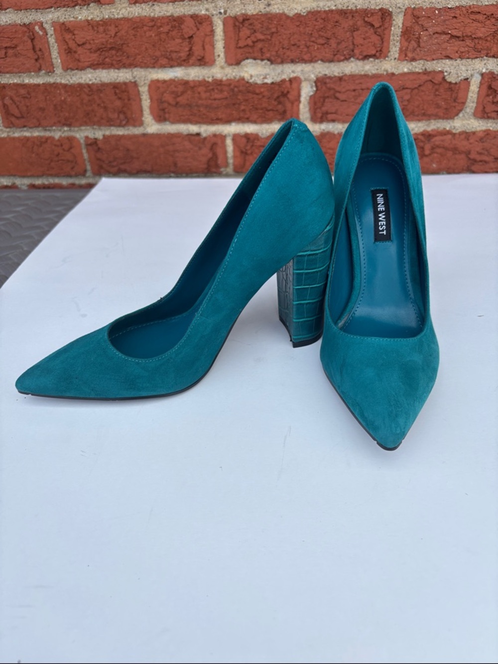 Nine West Teal Pointed-Toe Suede Pumps with Textured Block Heel Women Size 6 1/2